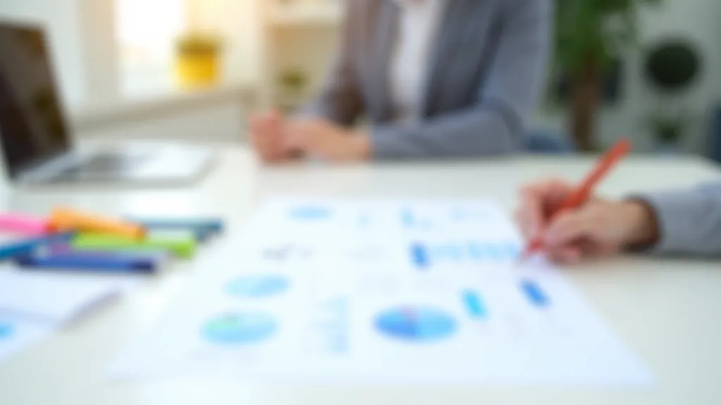 Krāsaini grafiki un diagrammas uz galda, kas rāda finanšu mērķus